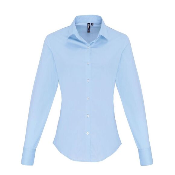 Premier Womens/Ladies Stretch Fit Poplin Long Sleeve Blouse / Pale Blue - Picture 1 of 4